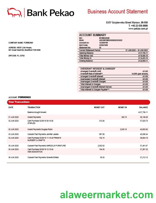 Bank Pekao S. A company statement Word and PDF template